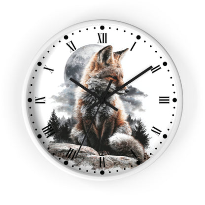 A round wall clock with a white face and black Roman numerals, featuring a detailed illustration of a fox sitting in front of a full moon and dark trees.