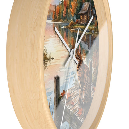 Autumn Lakeside Bengal Cat Wall Clock — Rustic Cabin Sunset Decor
