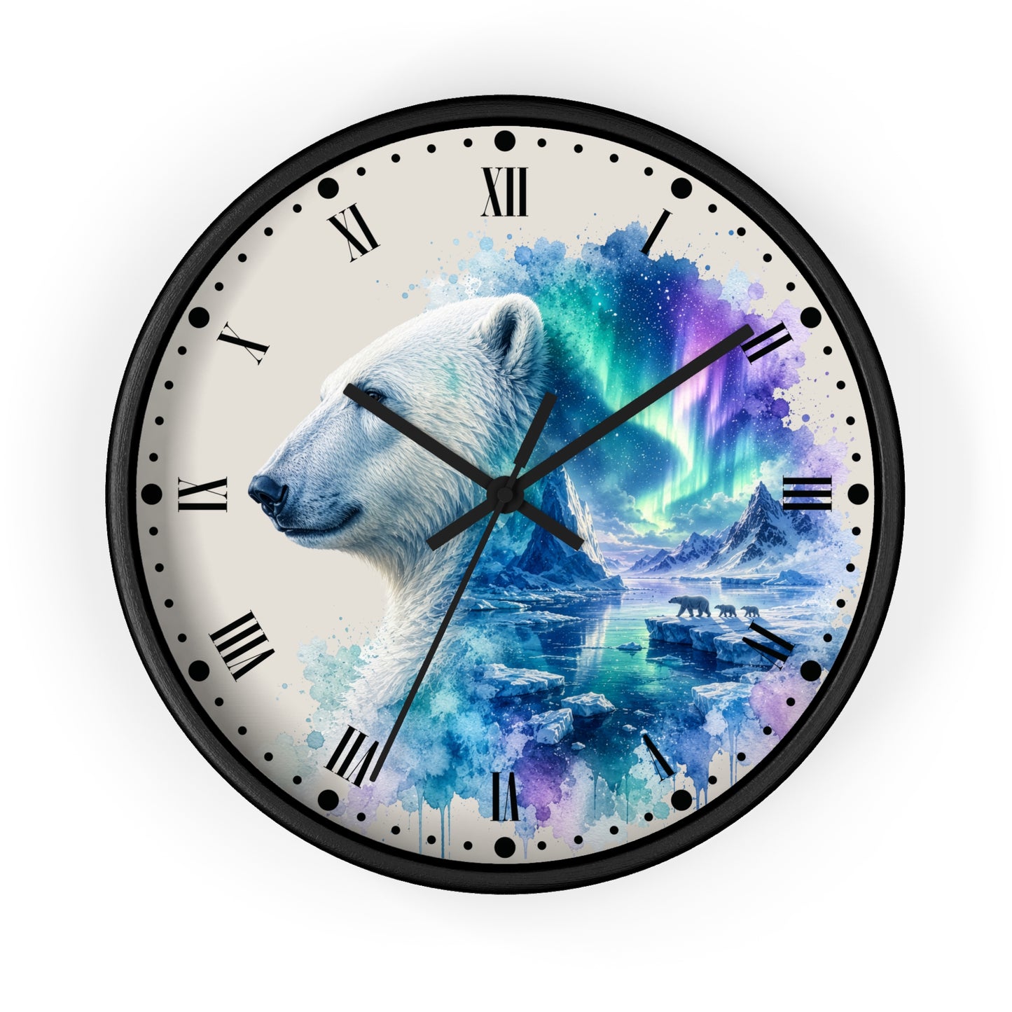 Round wall clock with a black frame and Roman numerals, featuring a printed design of a polar bear over icy landscapes and the aurora borealis in blue, purple, and green tones on a light background.