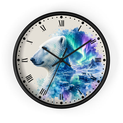 Round wall clock with a black frame and Roman numerals, featuring a printed design of a polar bear over icy landscapes and the aurora borealis in blue, purple, and green tones on a light background.
