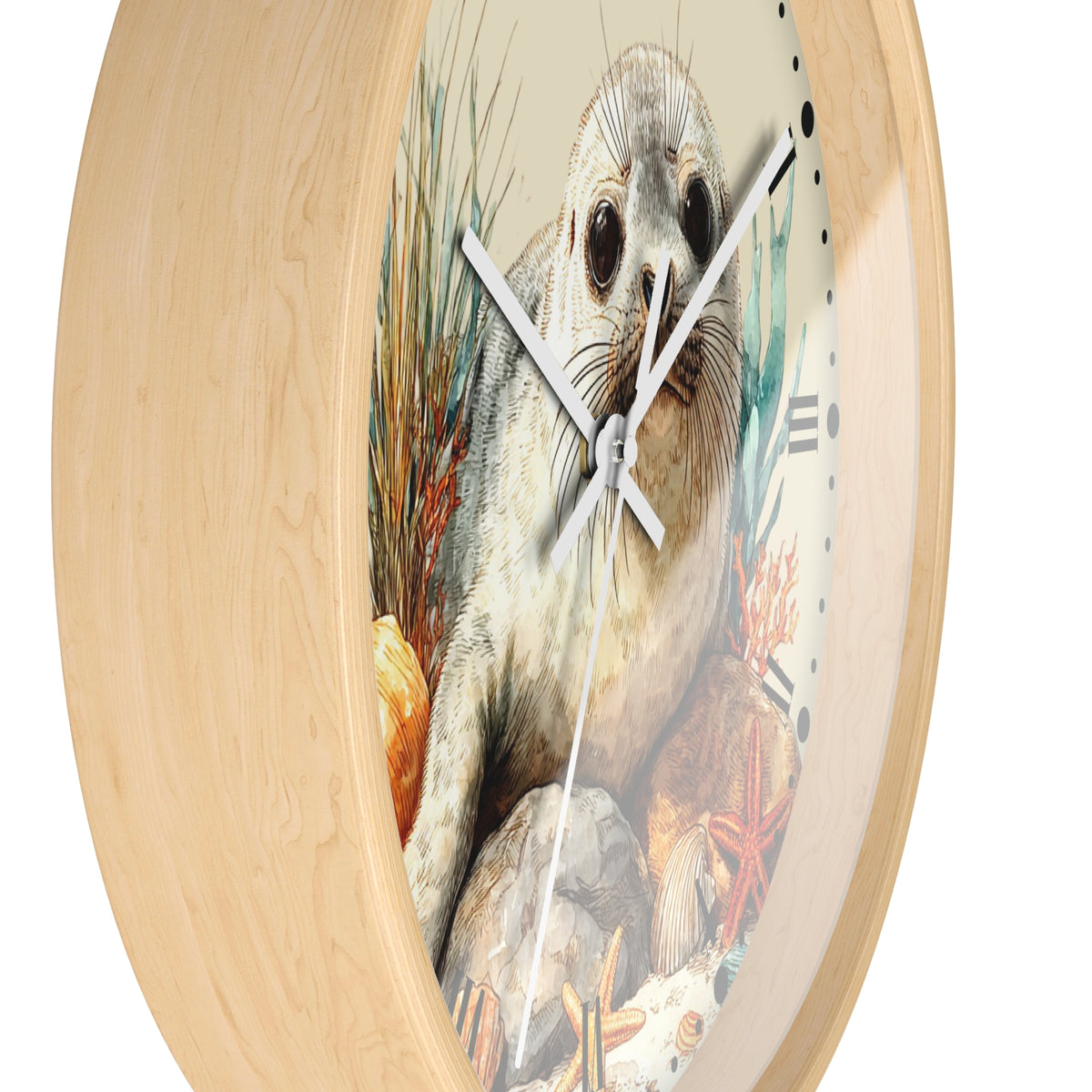 Round wall clock with a light natural wood frame and a printed illustration of a seal on the face, shown against a plain white background.