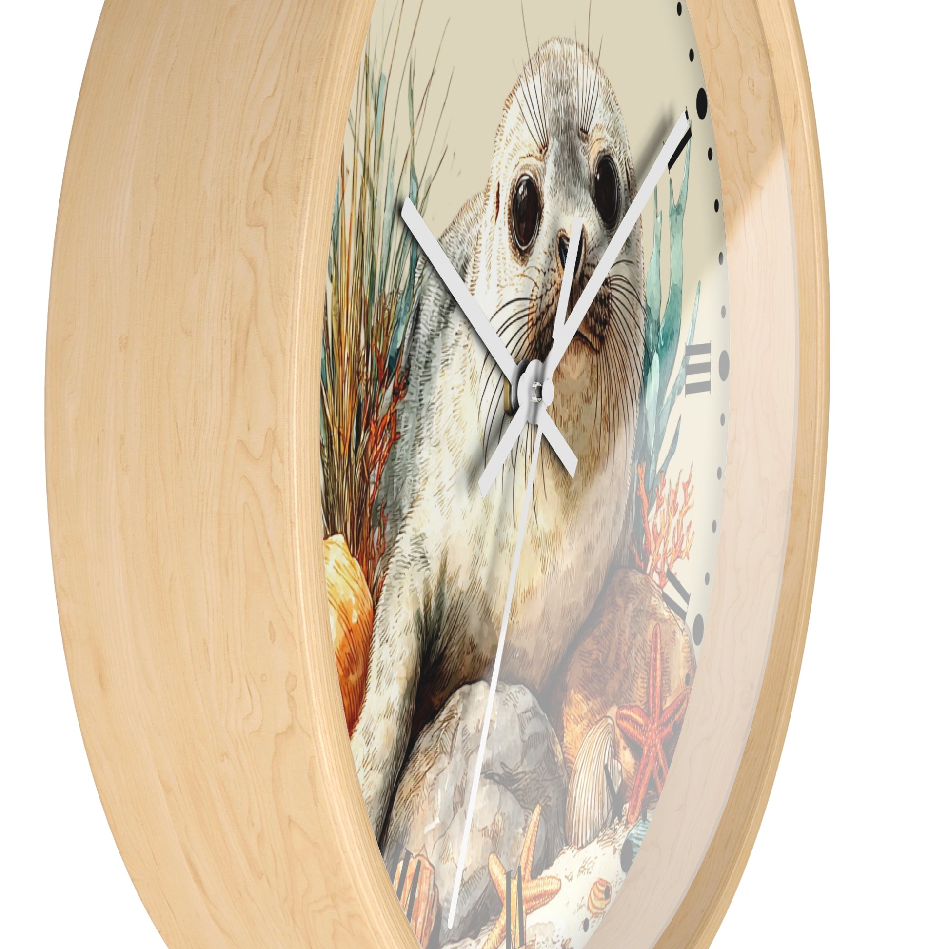 Round wall clock with a light natural wood frame and a printed illustration of a seal on the face, shown against a plain white background.
