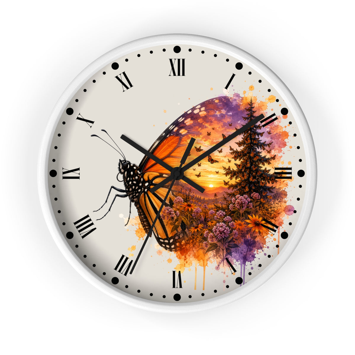 A round wall clock with a white frame and a cream-colored face featuring a watercolor-style butterfly and forest sunset design in orange, purple, and black.