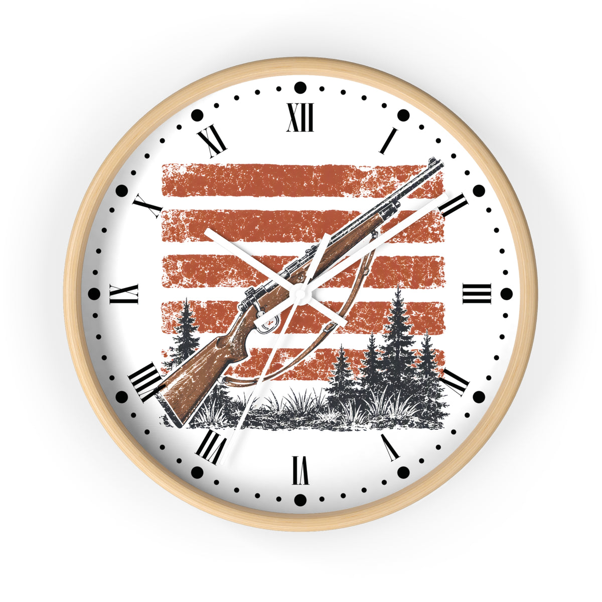 A round wall clock with a light wood frame and a white face, featuring a rustic design with a rifle, bow, evergreen trees, and distressed orange-brown horizontal stripes. The clock is shown against a solid white background.