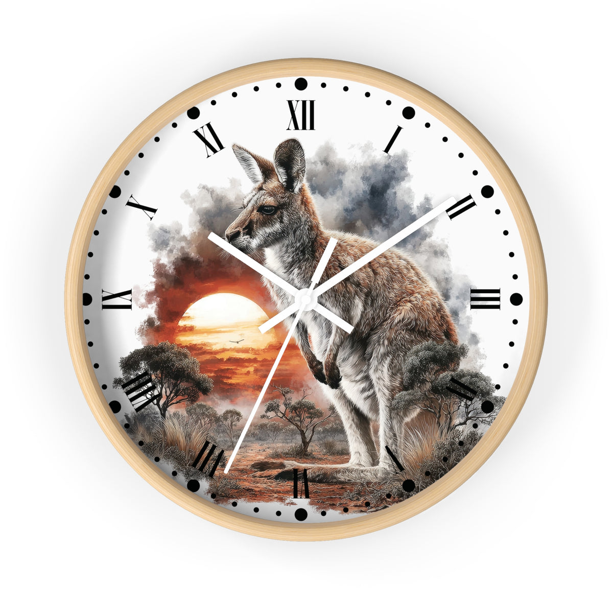 A round wall clock with a light wood frame and a white face featuring a detailed illustration of a kangaroo in an Australian outback landscape at sunset, with black Roman numerals and hands.