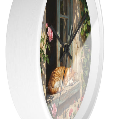Orange & White Cat Napping Garden Wall Clock — Vintage Floral Window Scene
