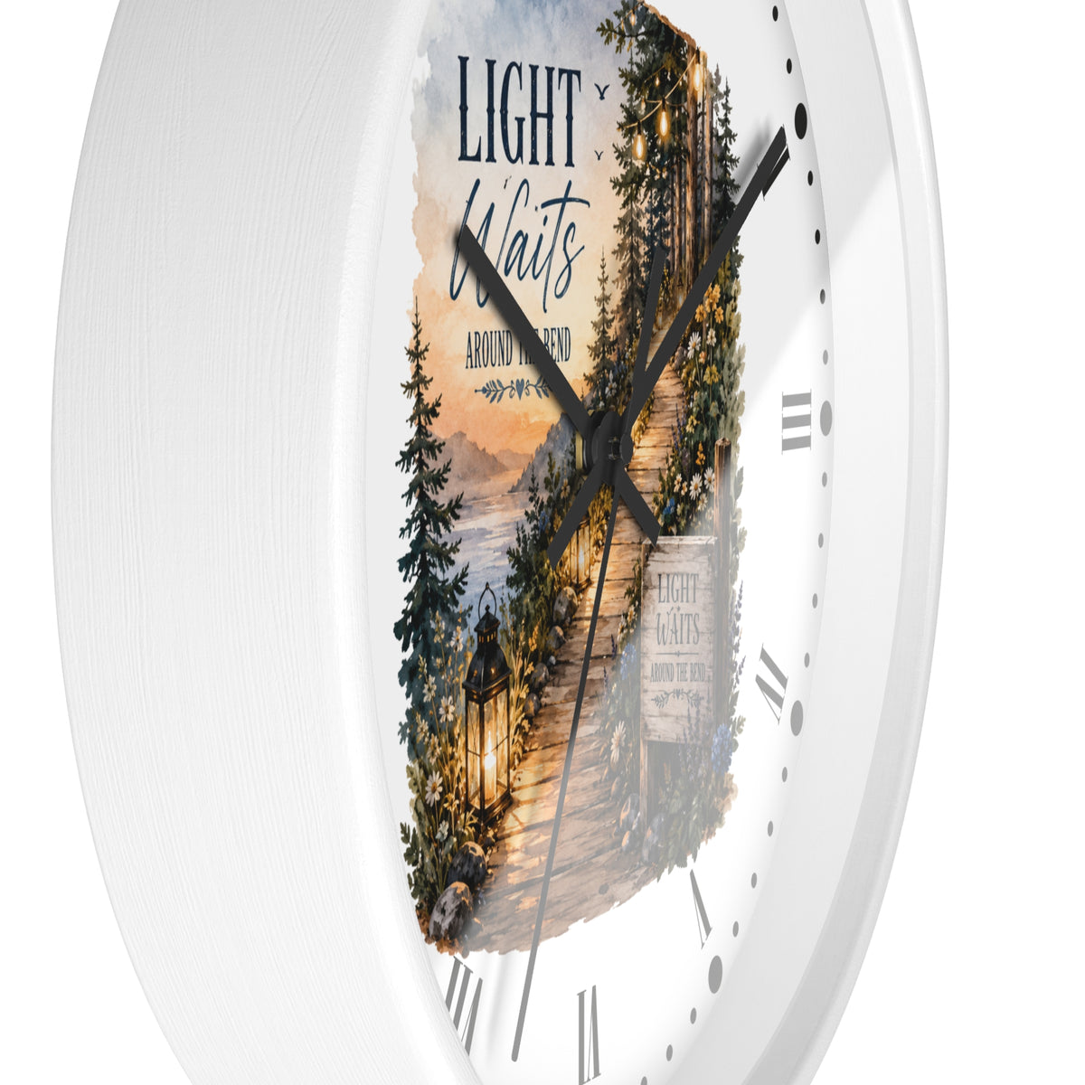 Rustic Lantern Christian Wall Clock — "Light Waits Around the Bend" Bible Verse Decor