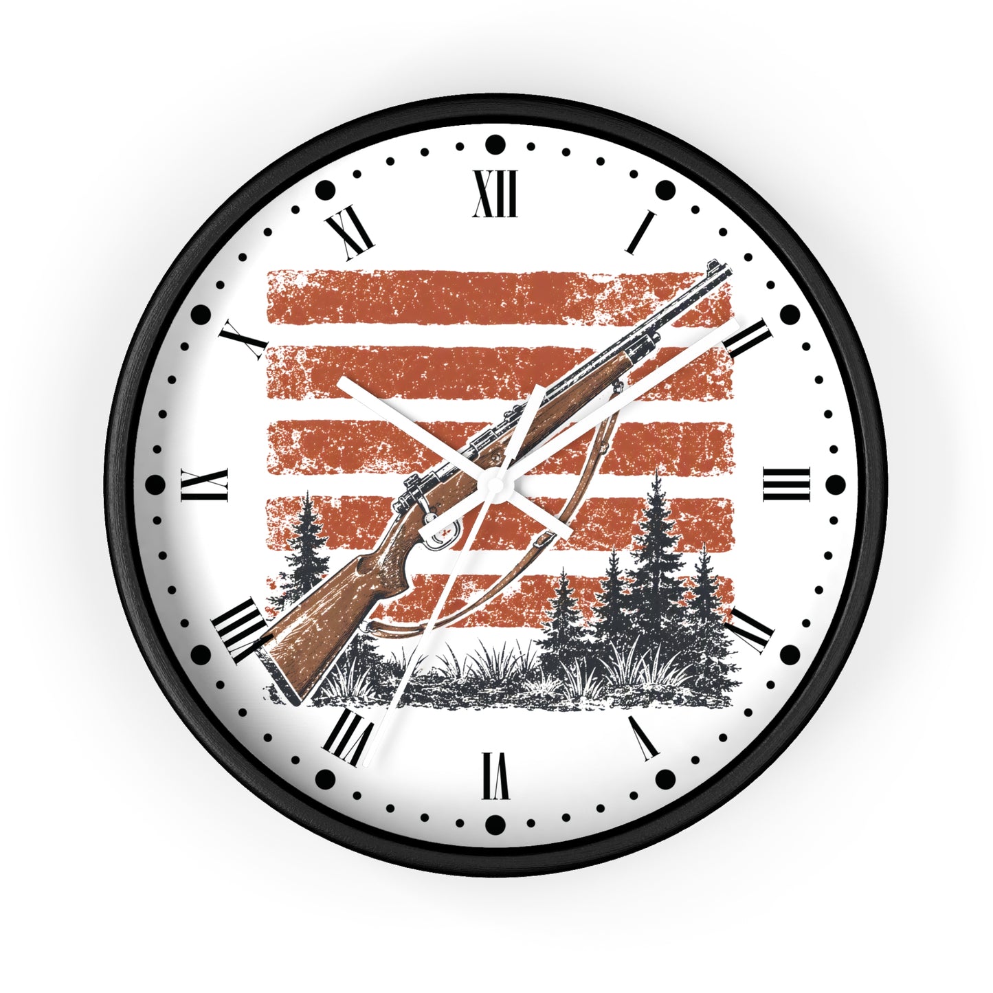 A round wall clock with a black frame and white face, featuring a rustic hunting-themed graphic with a rifle, bow, pine trees, and distressed orange-brown horizontal stripes. Roman numerals and black hour markers surround the design.
