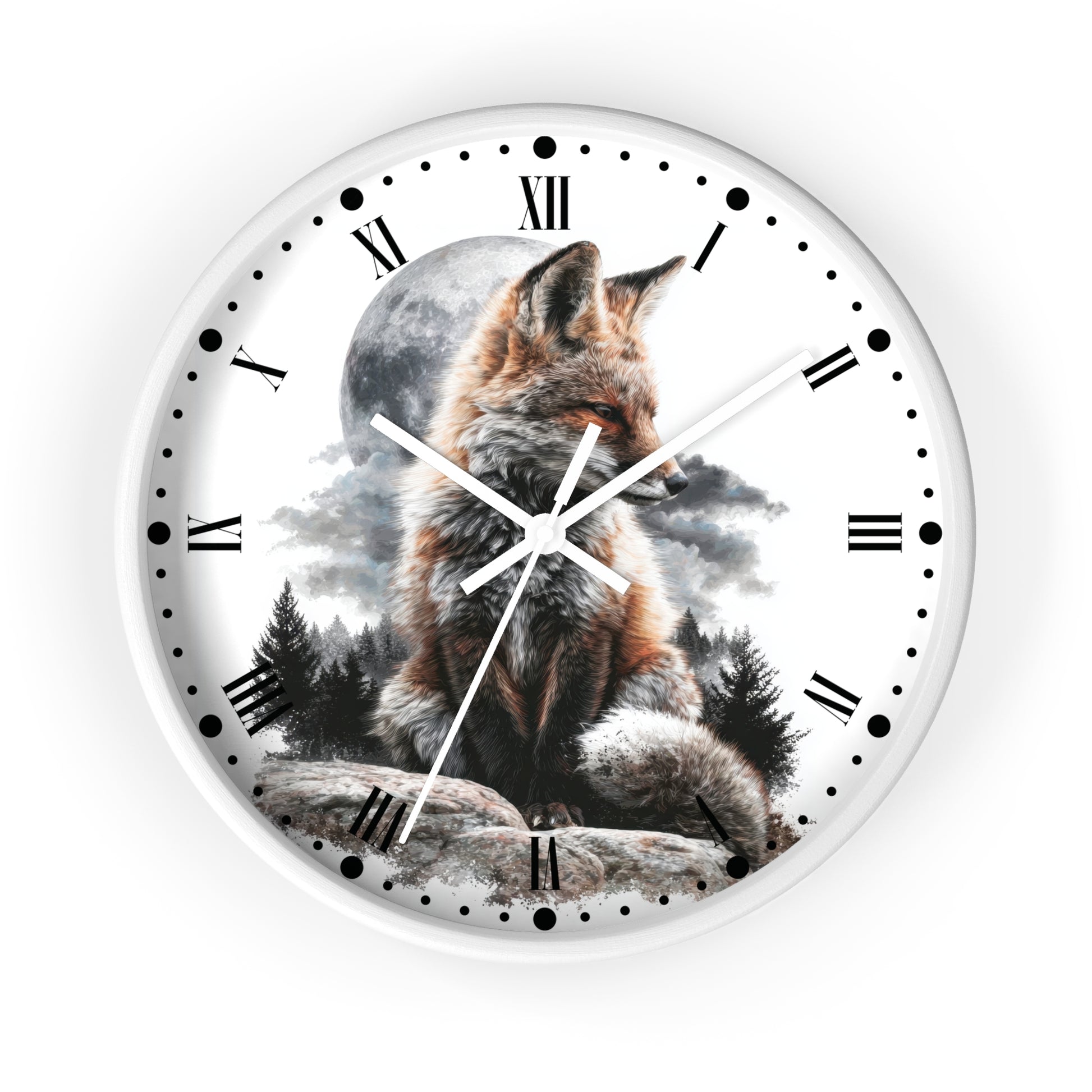 A round wall clock with a white face and frame, featuring a detailed illustration of a fox sitting in front of a full moon and dark trees. The clock uses black Roman numerals and dot hour markers with white hands.
