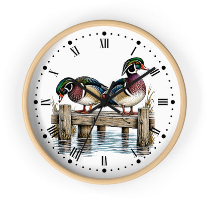 Wood Ducks on Pier Wall Clock — Rustic Bird Decor for Nature Lovers