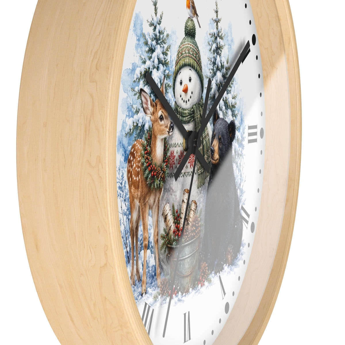 Round wall clock with a light natural wood frame and a festive winter illustration on the dial, featuring a snowman in a green hat, a deer, a bear, and snowy trees.