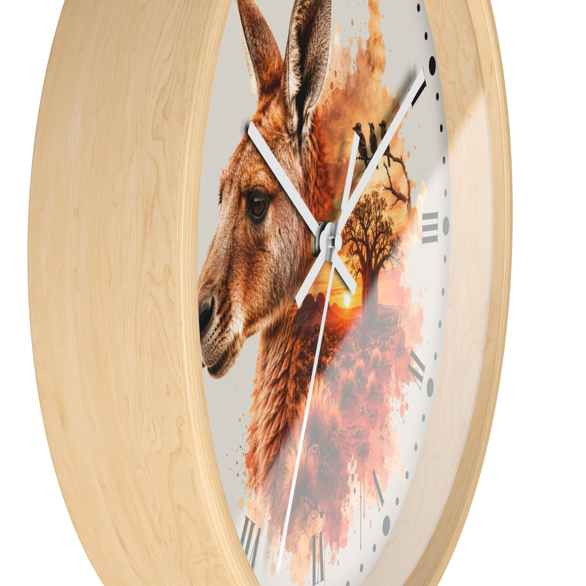 Round wall clock with a light natural wood frame and a printed face featuring a kangaroo portrait blended with autumn tree and fire artwork, white hands, and black Roman numerals.