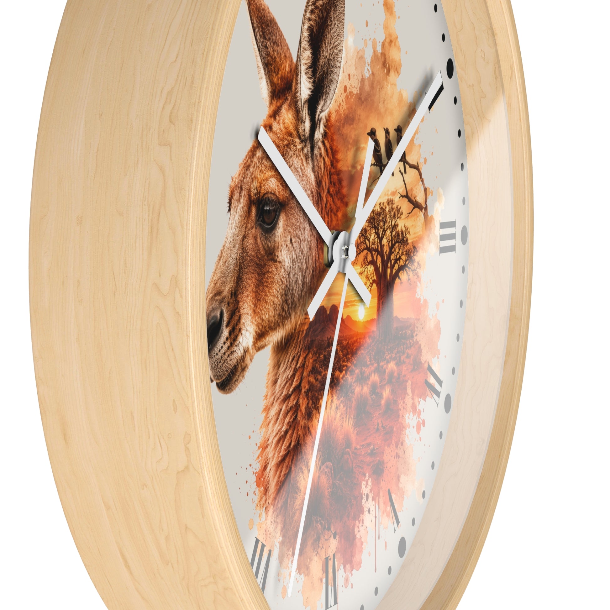 Round wall clock with a light natural wood frame and a printed face featuring a kangaroo portrait blended with autumn tree and fire artwork, white hands, and black Roman numerals.