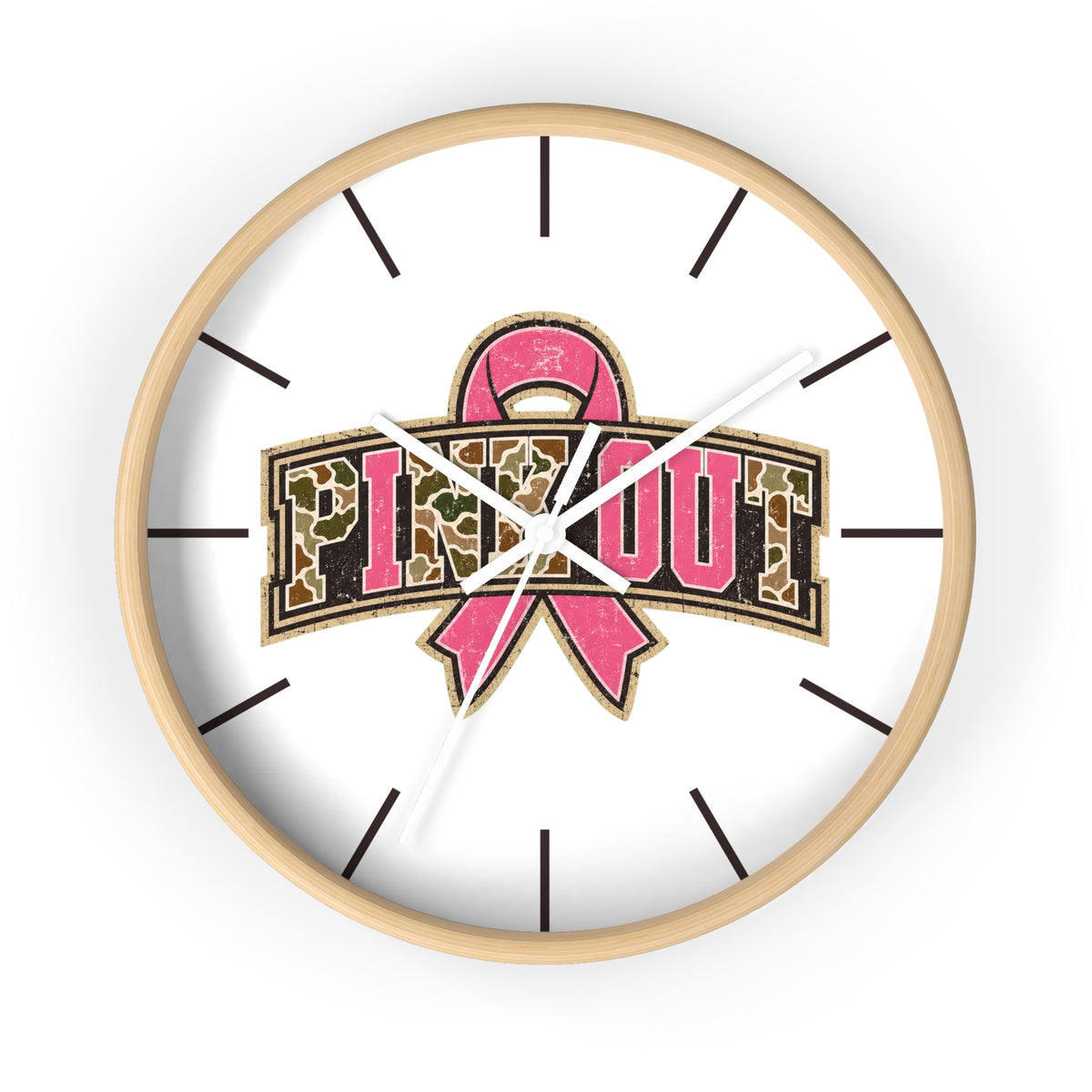 A round white wall clock with a pink breast cancer awareness ribbon and the words 'PINK OUT' in leopard-print lettering, shown against a plain white background.
