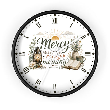 Mercy Meets Every Morning Wall Clock — Rustic Christian Inspirational Decor