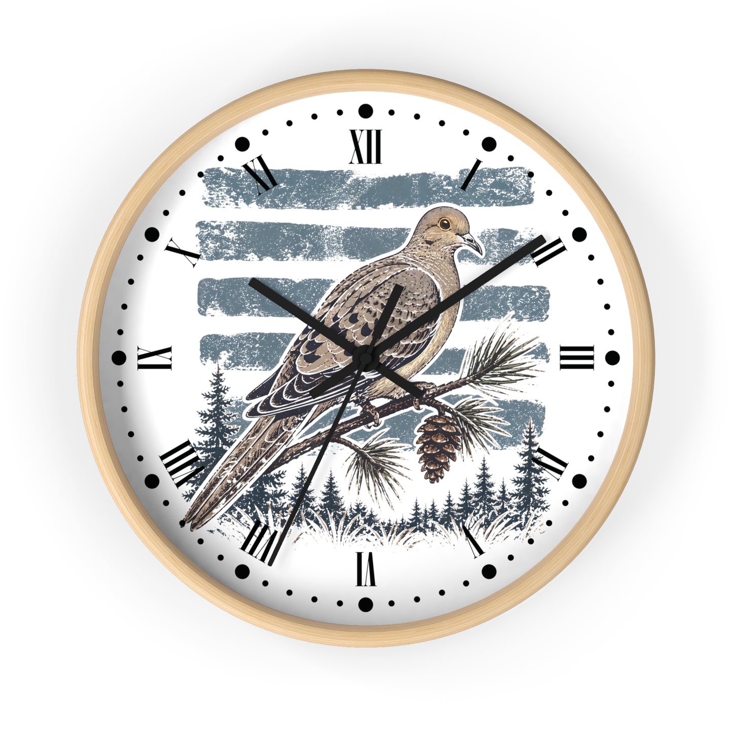 A round wall clock with a light natural wood frame and a white face featuring a detailed illustration of a brown dove bird perched on a pine branch against blue-gray brushstroke and forest backgrounds. The clock uses black Roman numerals and hands.
