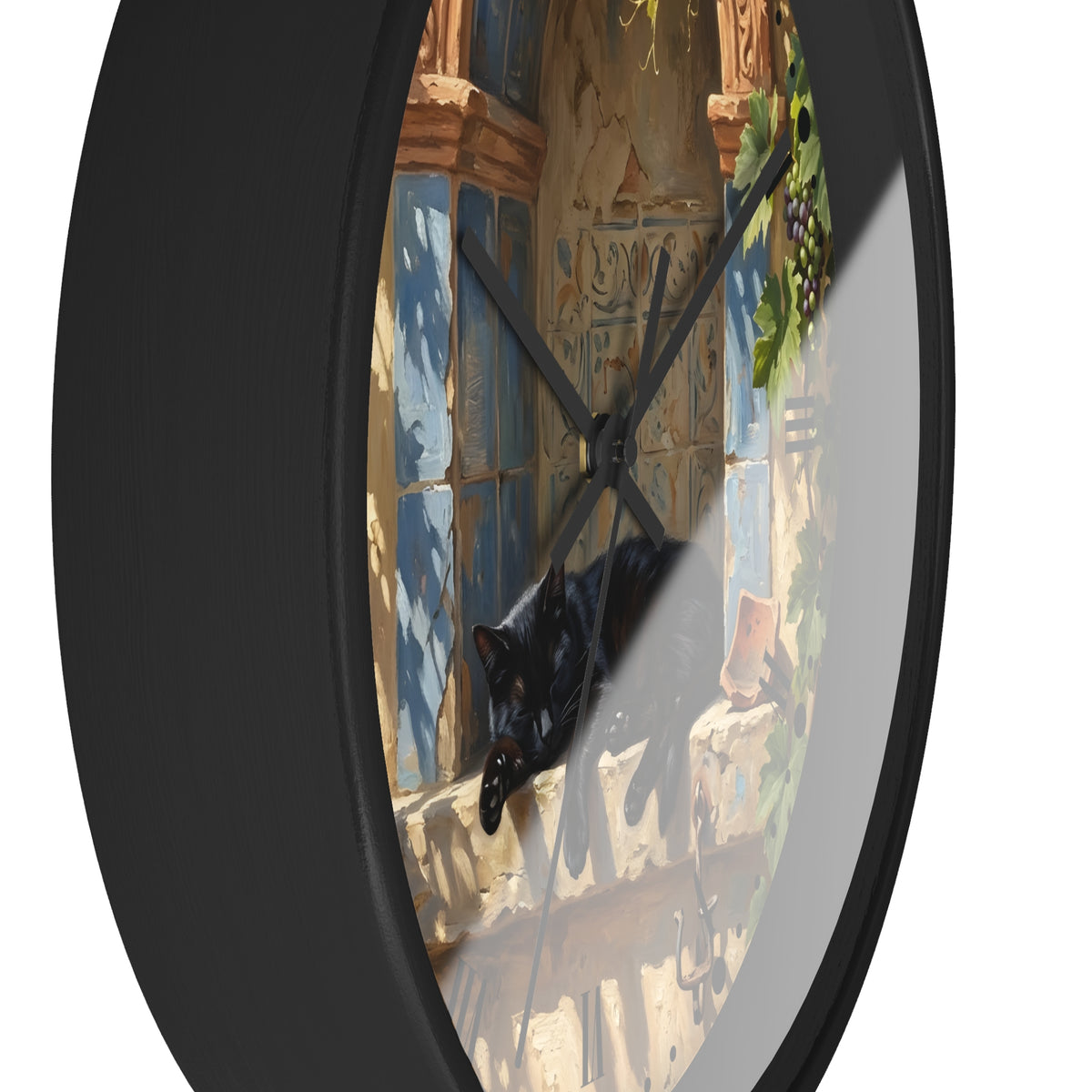 A round wall clock with a black frame and a printed illustration of a black cat lounging on a windowsill against a blue and beige tiled wall.