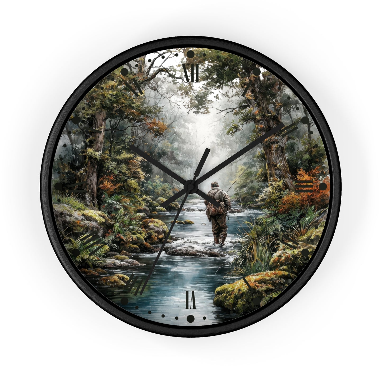 Round wall clock with a black frame and a printed nature scene on the face showing a person walking along a stream through a misty forest. The clock has black hands and Roman numeral hour markers, photographed against a plain white background.