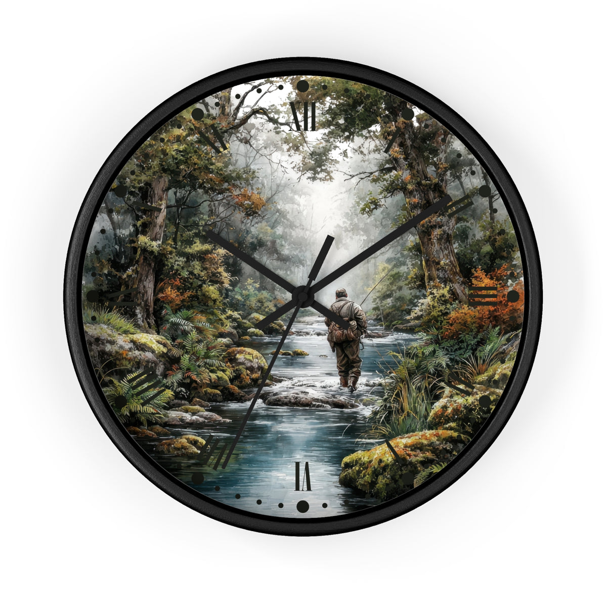 Round wall clock with a black frame and a printed nature scene on the face showing a person walking along a stream through a misty forest. The clock has black hands and Roman numeral hour markers, photographed against a plain white background.