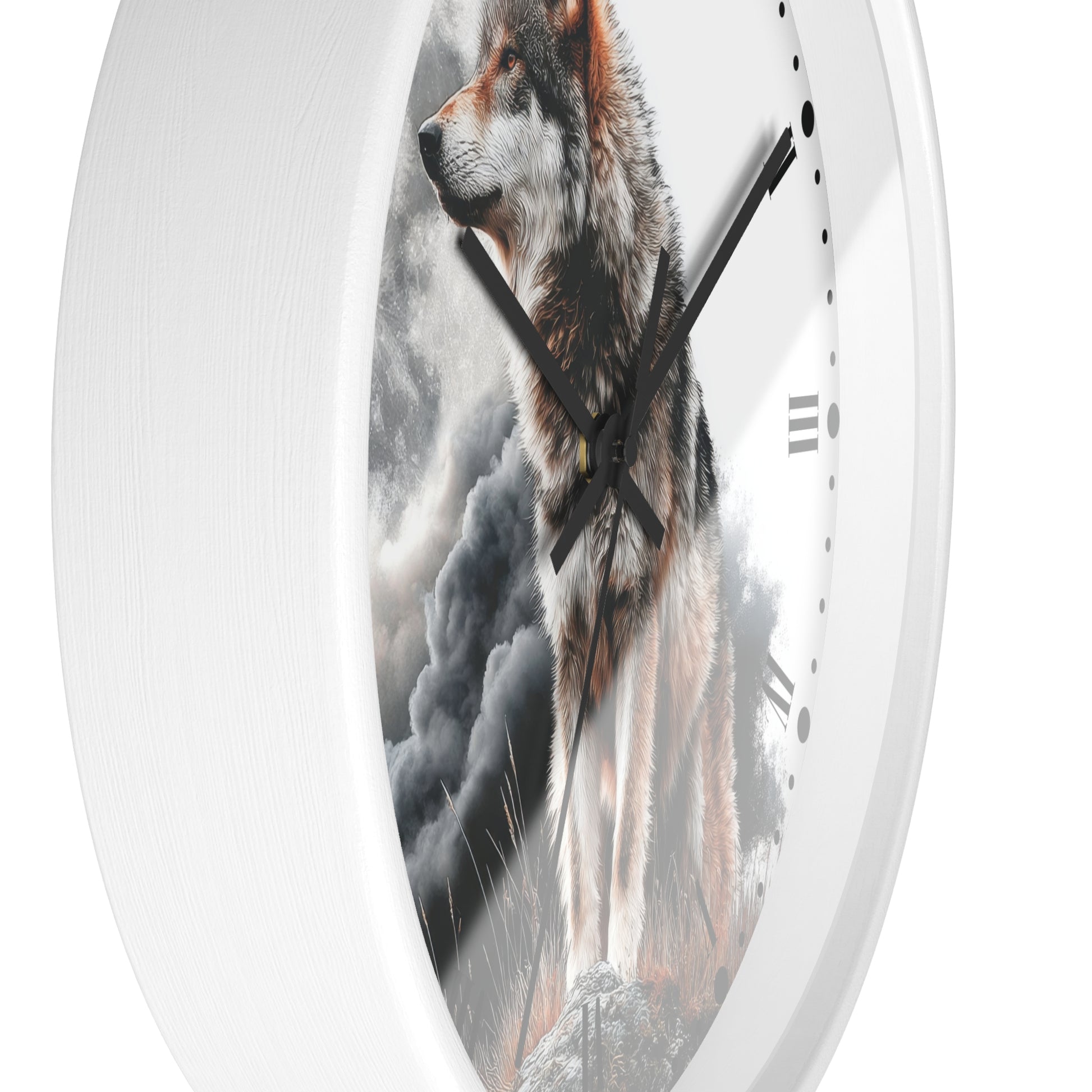A white round wall clock with a printed wolf illustration on the face and black hands, shown against a plain white background.