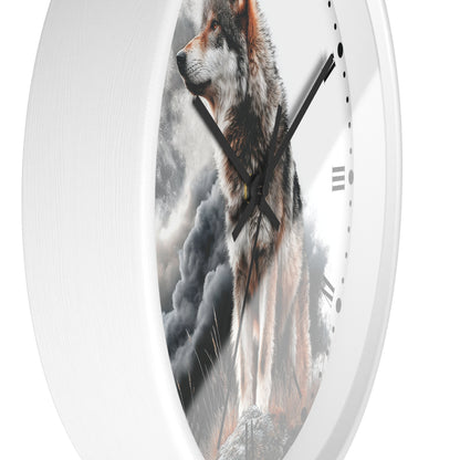 A white round wall clock with a printed wolf illustration on the face and black hands, shown against a plain white background.