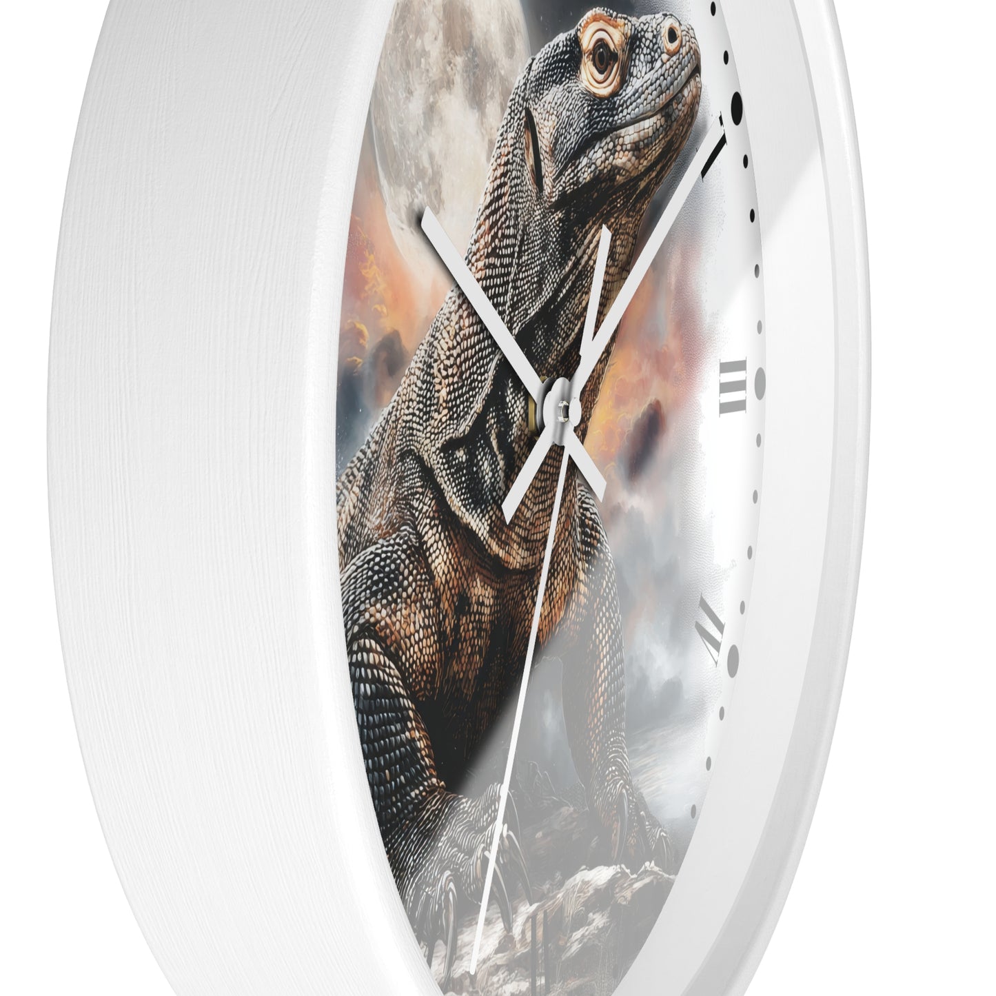 A white oval wall clock featuring a detailed print of a Komodo dragon on the face, with white hands and black Roman numerals.