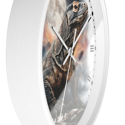 A white oval wall clock featuring a detailed print of a Komodo dragon on the face, with white hands and black Roman numerals.