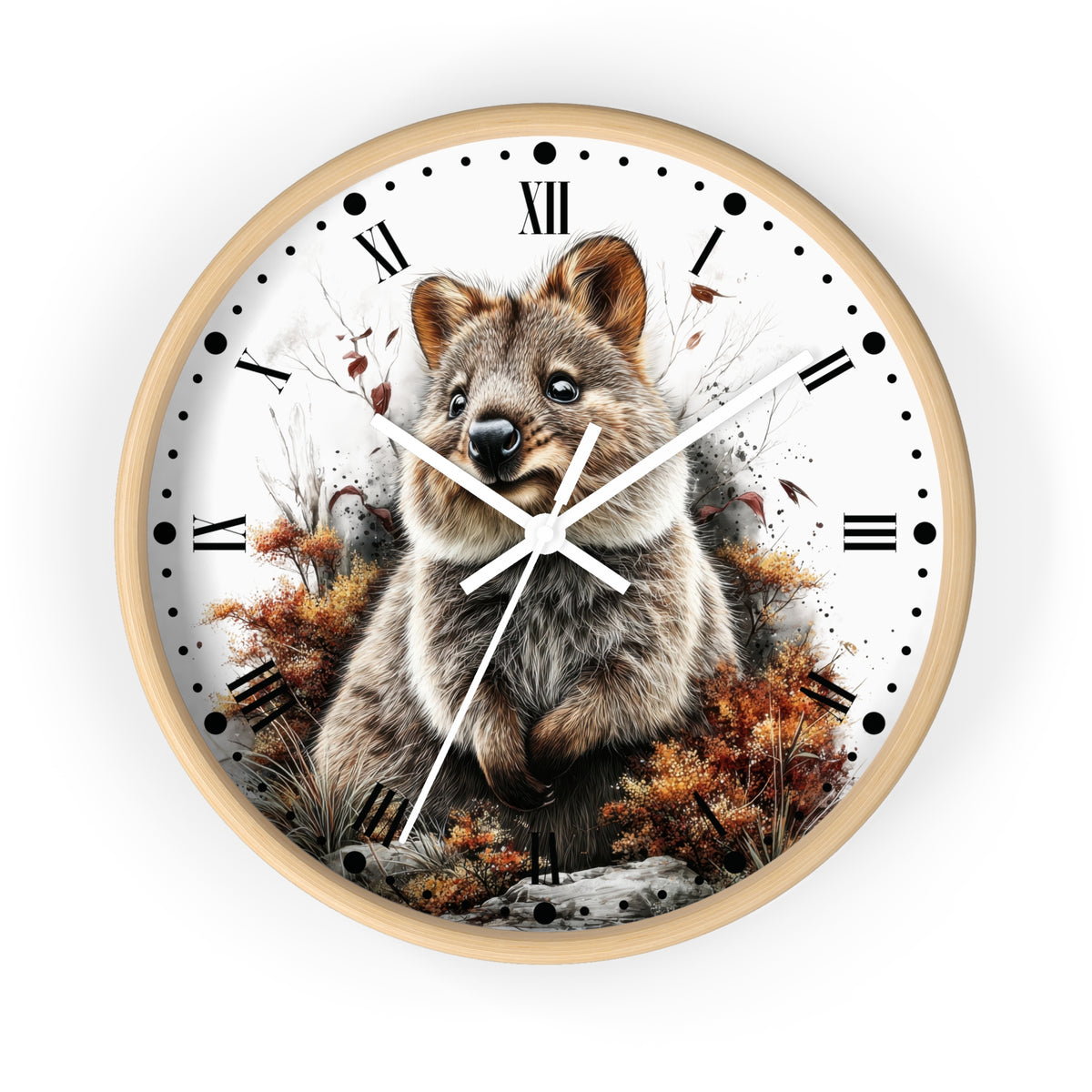A round wall clock with a light wood frame and a white face featuring a detailed illustration of a brown and gray quokka surrounded by autumn foliage. The clock has black Roman numerals, black dot hour markers, and white hands.