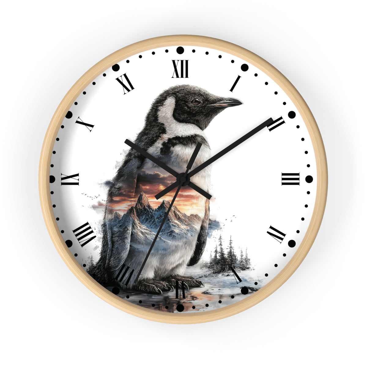 Penguin Mountain Landscape Wall Clock with Roman Numerals — Nature Scenic Animal Decor