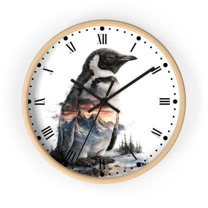 Penguin Mountain Landscape Wall Clock with Roman Numerals — Nature Scenic Animal Decor