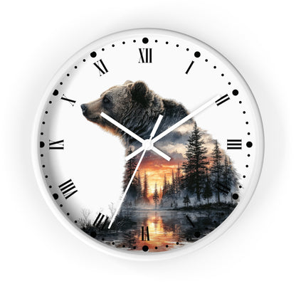 Bear Silhouette Wall Clock — Mountain Sunset Forest Double Exposure Decor