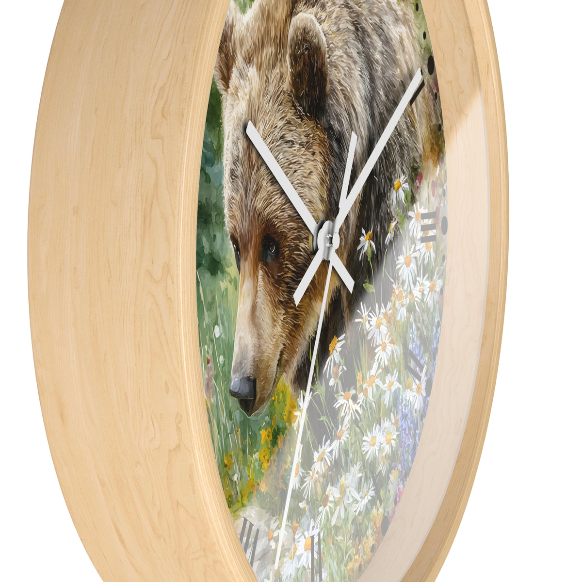 Grizzly Bear in Wildflower Meadow Wall Clock — Rustic Nature Animal Decor