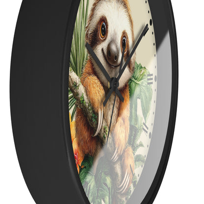 A round wall clock with a black frame and a printed illustration of a sloth on the face, shown against a plain white background.