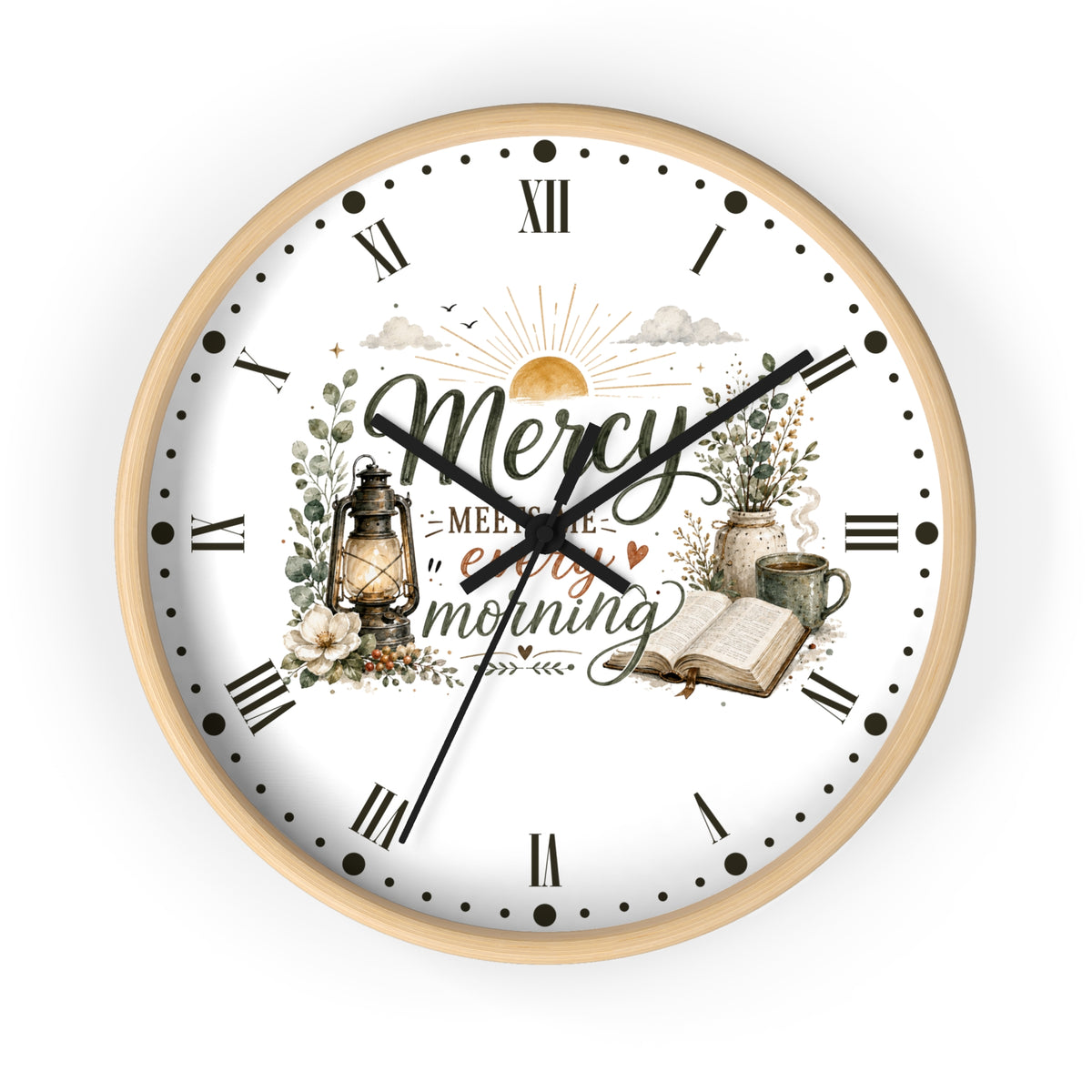 Mercy Meets Every Morning Wall Clock — Rustic Christian Inspirational Decor