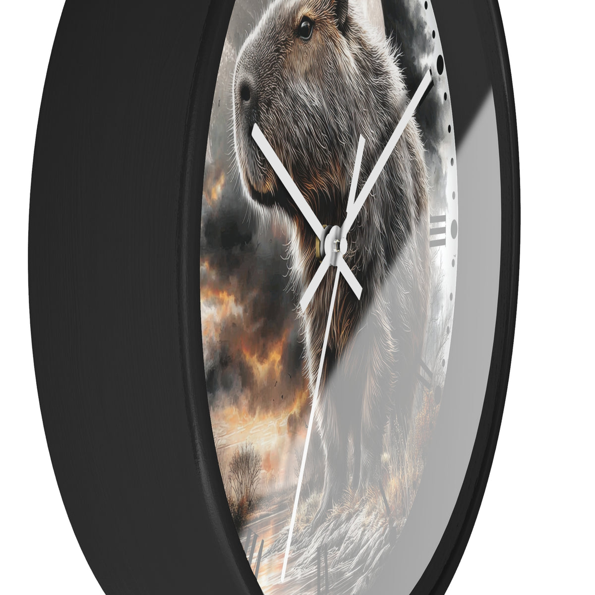A round wall clock with a black frame and a printed face showing a large capybara in front of a smoky, fiery background. The clock has white hands and no visible brand text.