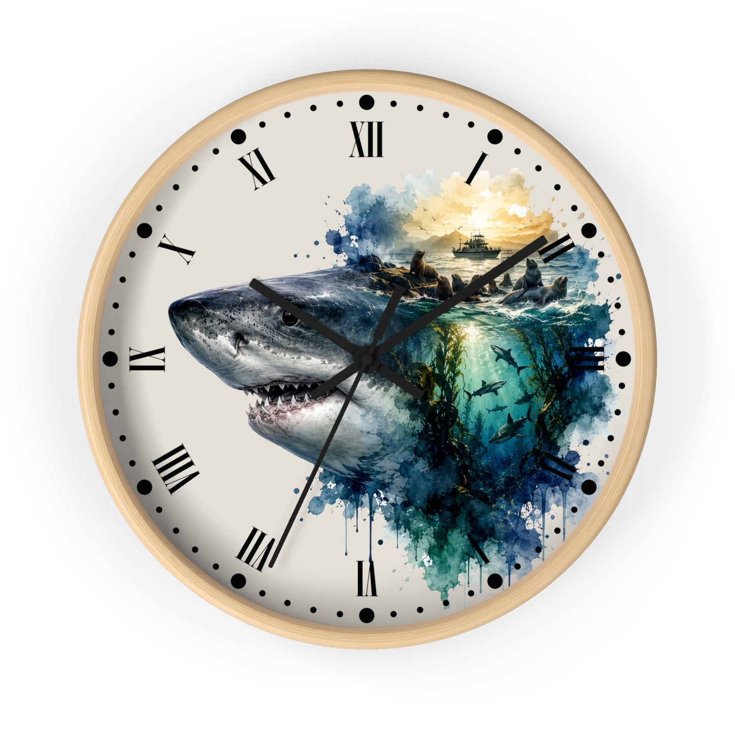 Ocean Shark & Seals Wall Clock — Watercolor Ship Nautical Art Decor
