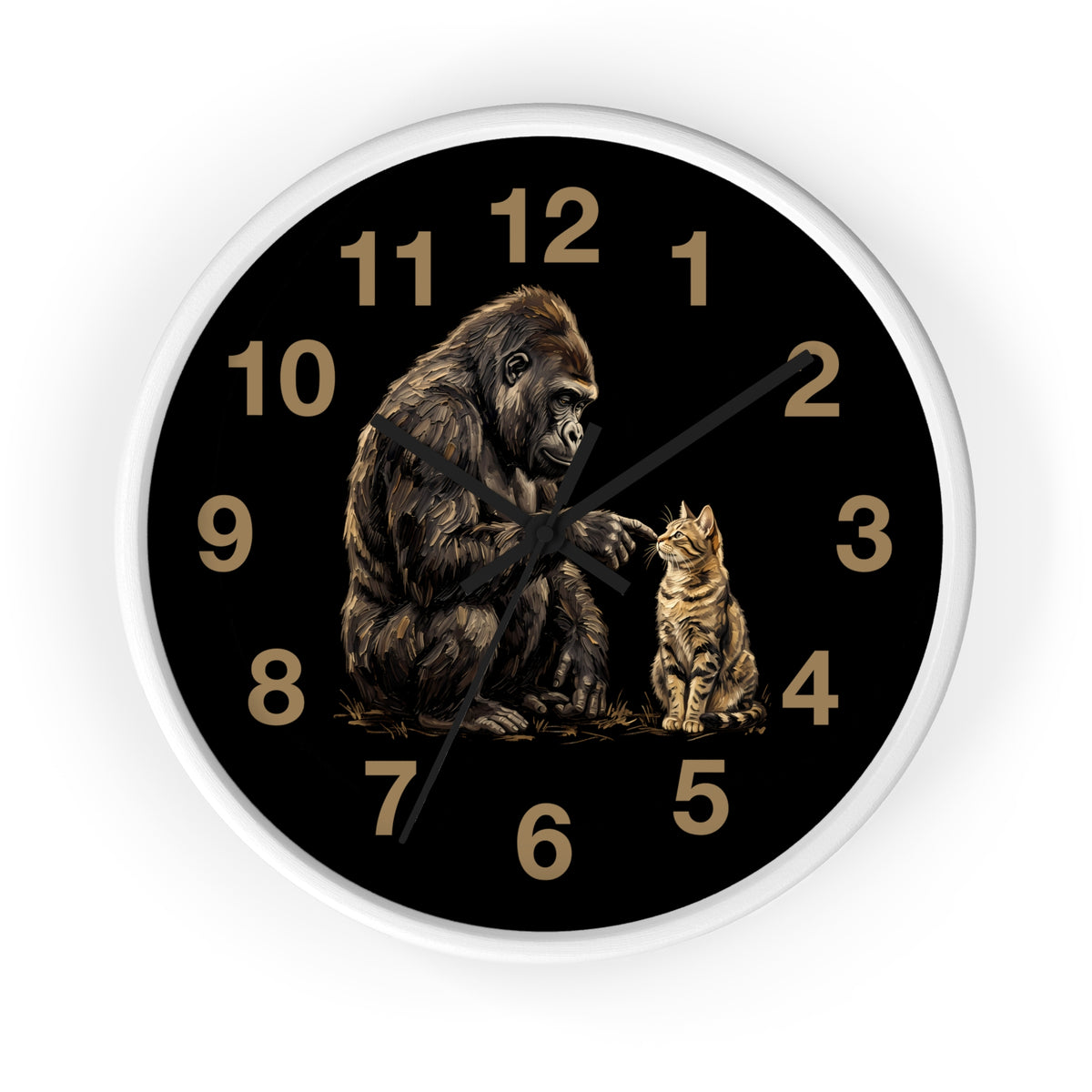 A round wall clock with a black face, white rim, gold Arabic numerals, and a detailed illustration of a gorilla and a cat on the front, shown against a plain white background.