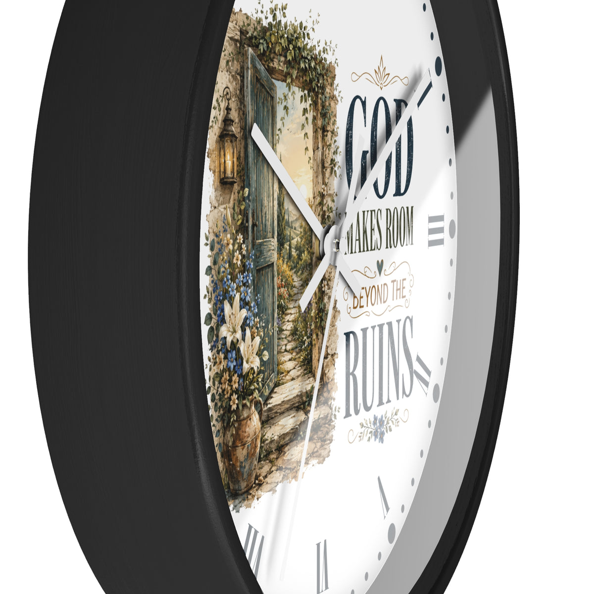 Inspirational Wall Clock — “God Makes Room Beyond the Ruins” Rustic Faith Home Decor