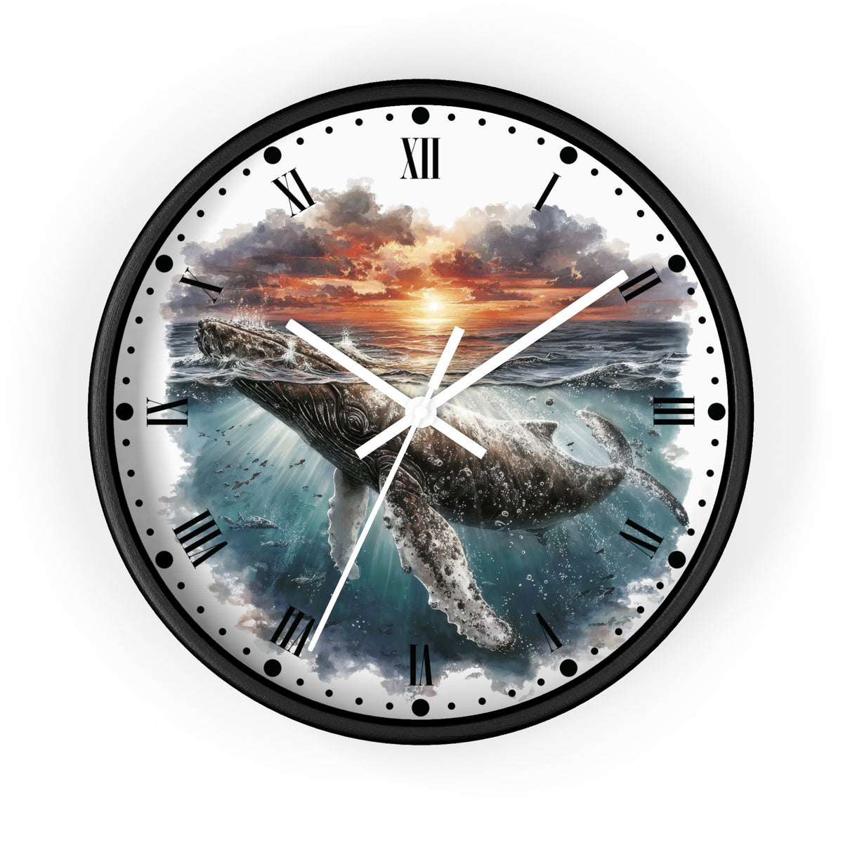 A round wall clock with a black frame and a printed ocean scene featuring a whale beneath a sunset sky, with Roman numerals and white hands on a white background.