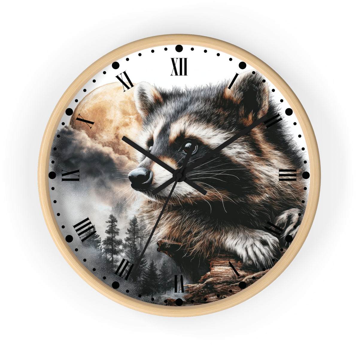 Round wall clock with a light wood frame and a printed raccoon face over a moonlit forest scene on the dial, with black Roman numerals and hands on a white background.