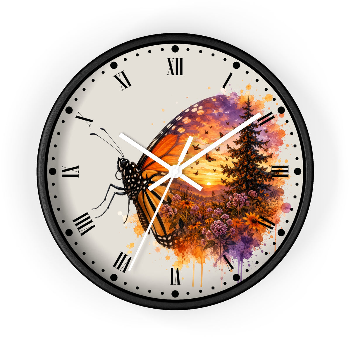 A round wall clock with a black frame and a cream-colored face featuring a watercolor-style butterfly over a sunset landscape with trees and flowers. Roman numerals mark the hours, with white clock hands and black minute markers.