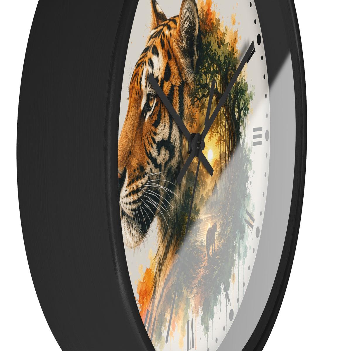 A round wall clock with a black frame and a white dial featuring a painted tiger head and forest scene in orange, green, and brown tones.