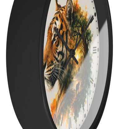 A round wall clock with a black frame and a white dial featuring a painted tiger head and forest scene in orange, green, and brown tones.