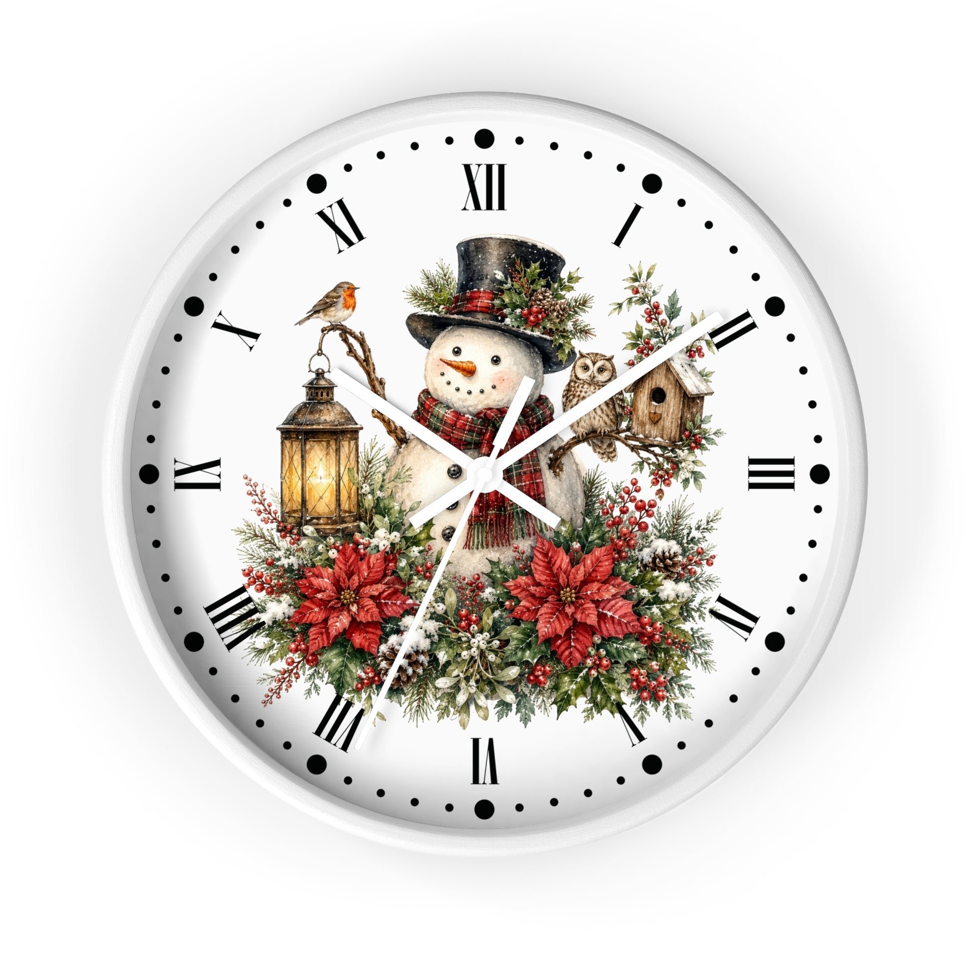 A round white wall clock with a festive Christmas design on the face, featuring a snowman in a top hat surrounded by red poinsettias, green foliage, a bird, a lantern, and a birdhouse. The clock has black Roman numerals and black dot hour markers.