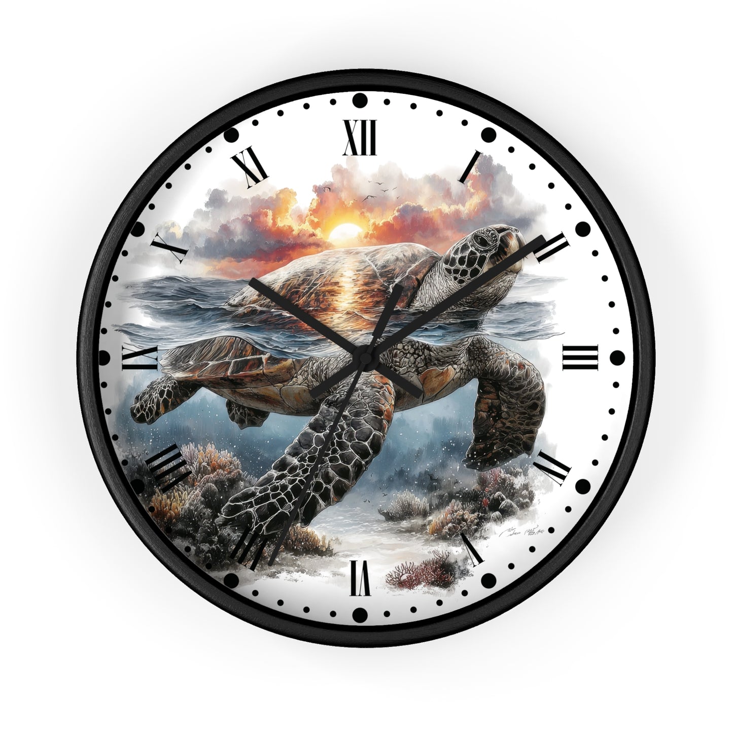 A round wall clock with a black frame and Roman numerals, featuring a detailed illustration of a sea turtle swimming underwater toward a sunset on the clock face.