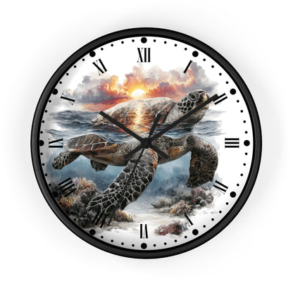 A round wall clock with a black frame and Roman numerals, featuring a detailed illustration of a sea turtle swimming underwater toward a sunset on the clock face.