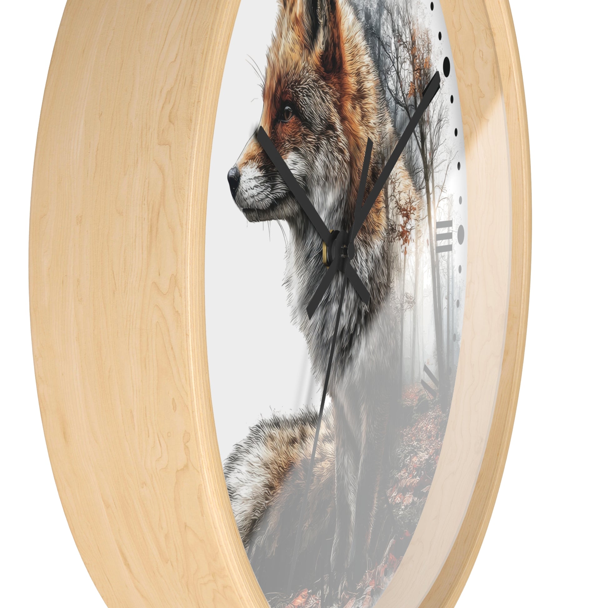 Round wall clock with a light natural wood frame and a printed fox illustration on the face, shown against a plain white background.
