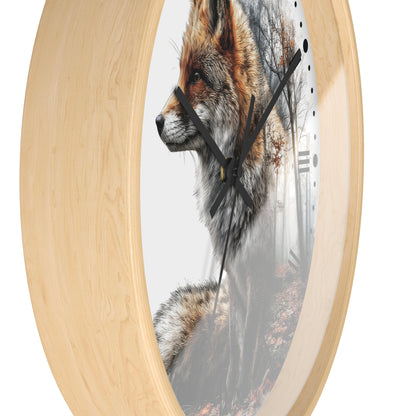 Round wall clock with a light natural wood frame and a printed fox illustration on the face, shown against a plain white background.