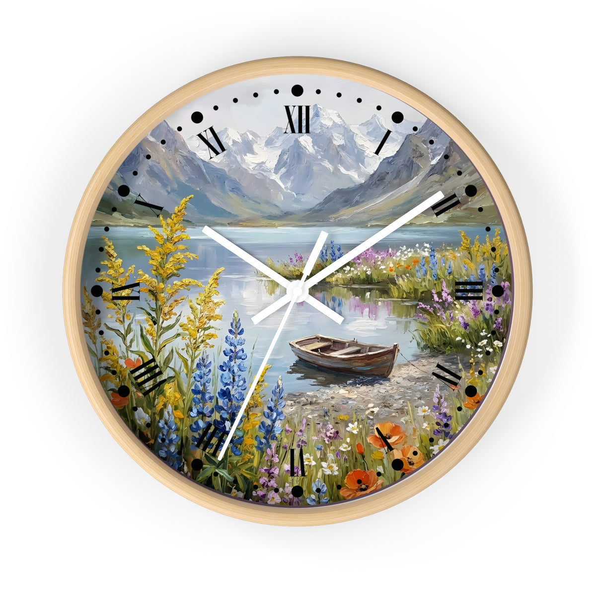 A round wall clock with a light natural wood frame and a scenic landscape print featuring a mountain lake, snowy peaks, wildflowers, a rowboat, and black Roman numerals, shown on a plain white background.