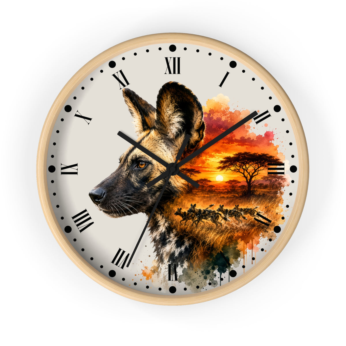 African Wild Dog Sunset Wall Clock — Safari Animal Home Decor